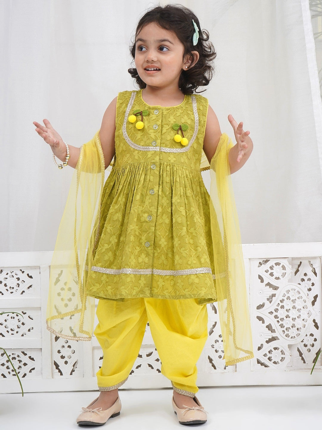 Girls Cotton Sleeveless Floral Self Weaving Kurta with Cherry Applique work and Salwar with Dupatta - Green