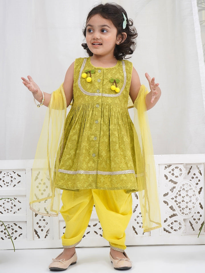 Girls Cotton Sleeveless Floral Self Weaving Kurta with Cherry Applique work and Salwar with Dupatta - Green
