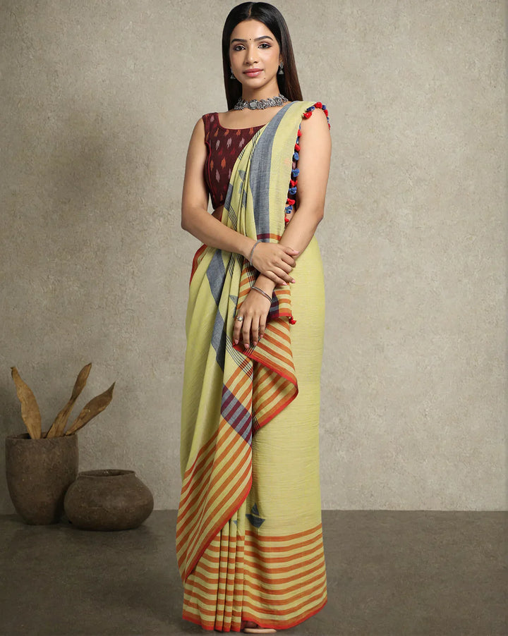 Green Handloom Jamdani Cotton Saree with Stripes Border