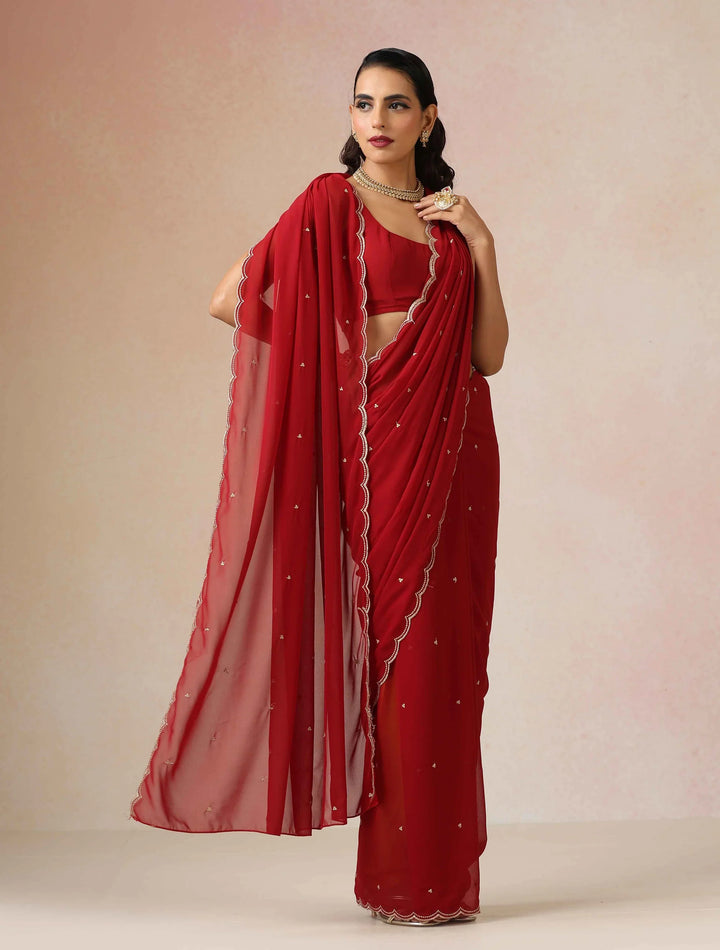 Maroon Georgette Embroidered Saree With unstitched Blouse | SHOBITAM
