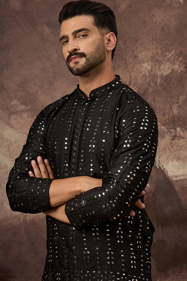 Black Silk Blend Solid Embroidered Straight Kurta With Pant Set | SHOBITAM