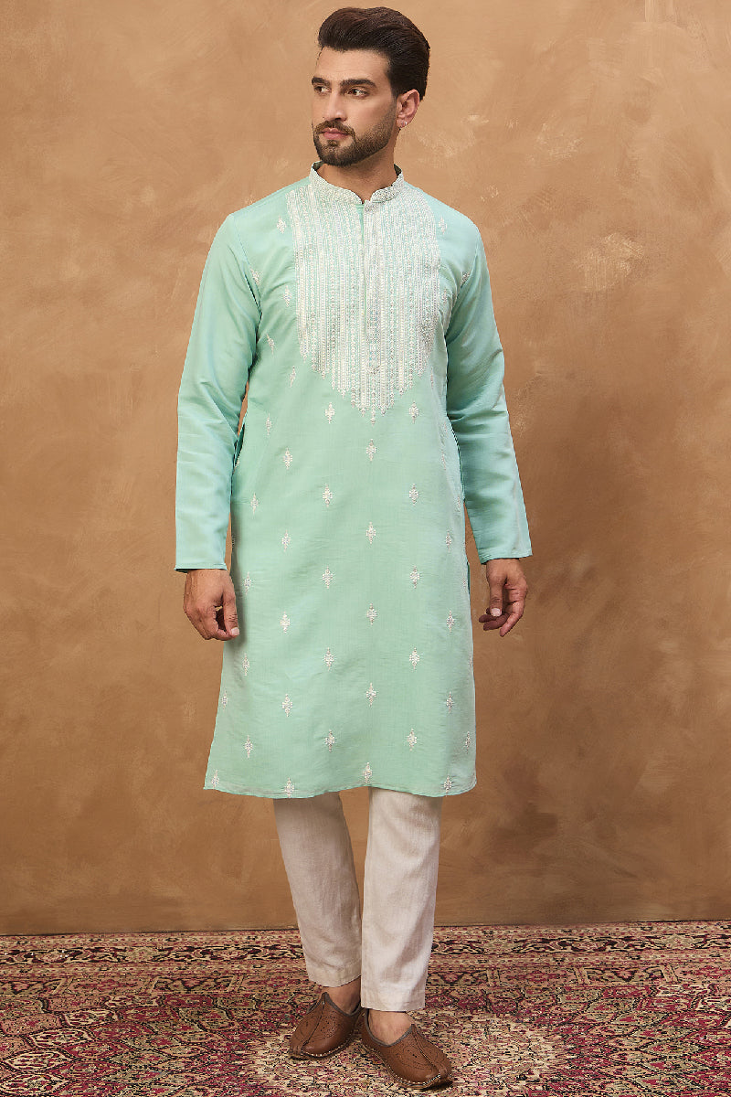Blue Silk Blend Solid Embroidered Straight Kurta  | SHOBITAM