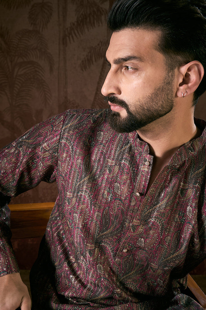 Purple Silk Blend Ethnic Motifs Printed Straight Kurta With Trouser | SHOBITAM