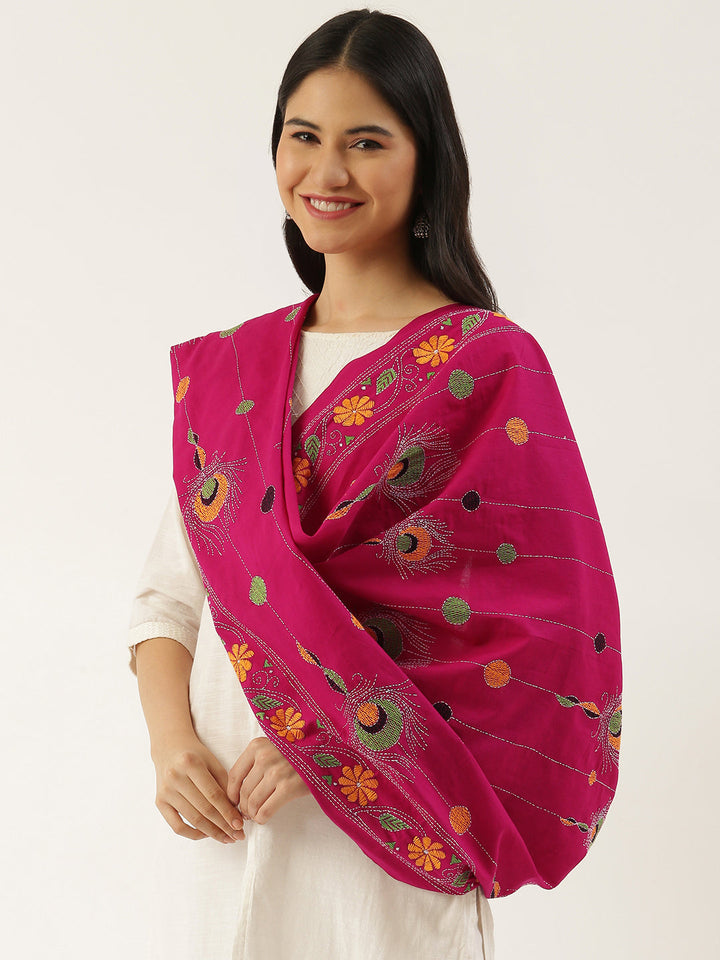 Magenta Yellow Kantha Cotton Dupatta | SHOBITAM