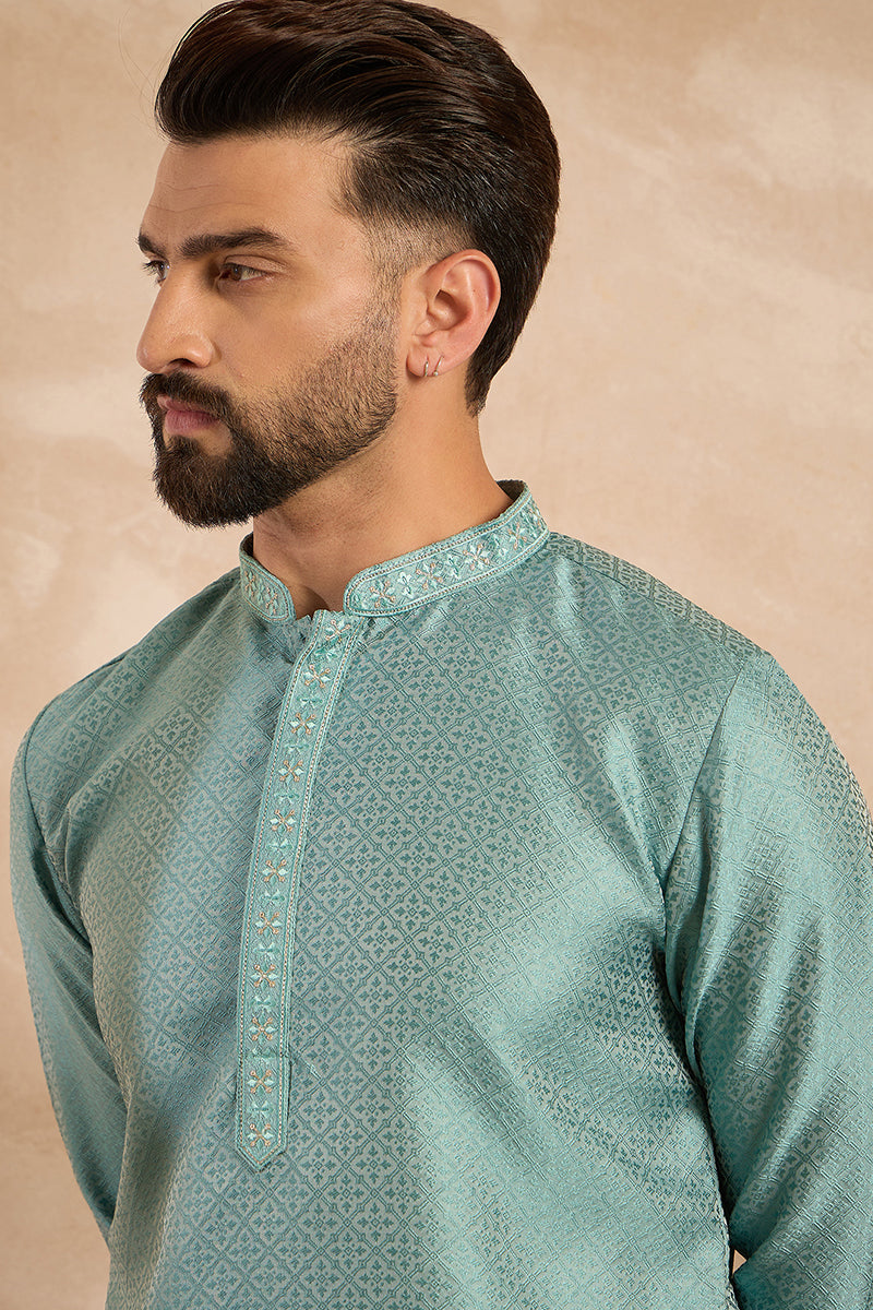 Green Polyester Solid Embroidered Straight Kurta | SHOBITAM