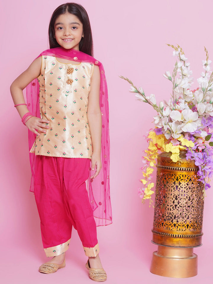 Mulberry  Semi-Silk Sleeveless Floral Choti Buti Embroidery Kurta with Salwar & Dupatta - Cream and Pink