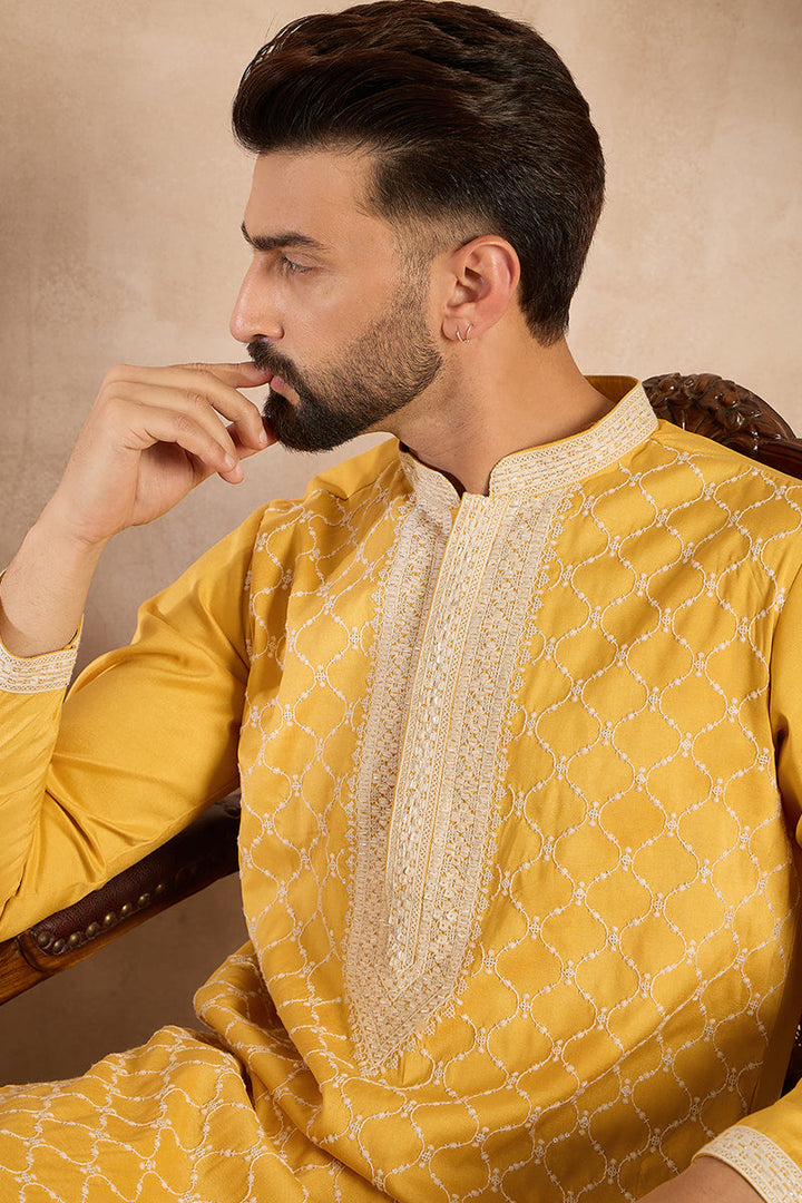 Yellow Silk Blend Solid Embroidered Straight Kurta With Trouser | SHOBITAM