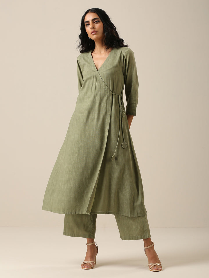 Sage Slub Texture Angrakha Pant Set | SHOBITAM