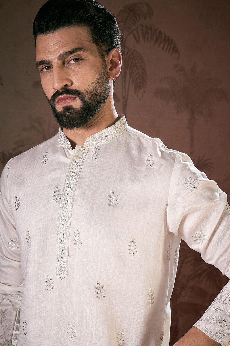 White Silk Blend Floral Embroidered Straight Kurta | SHOBITAM