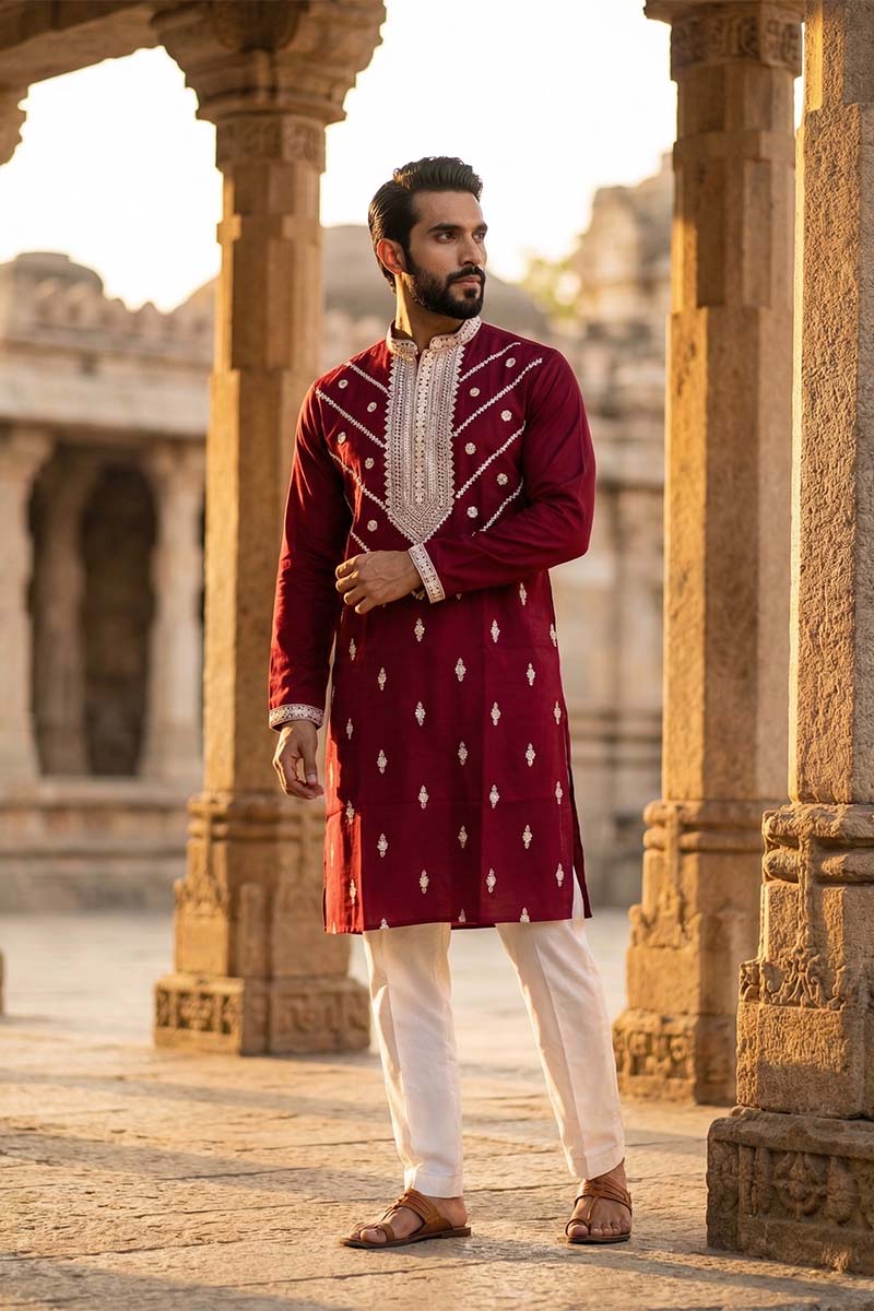 Maroon Silk Blend Embroidered Straight Kurta | SHOBITAM