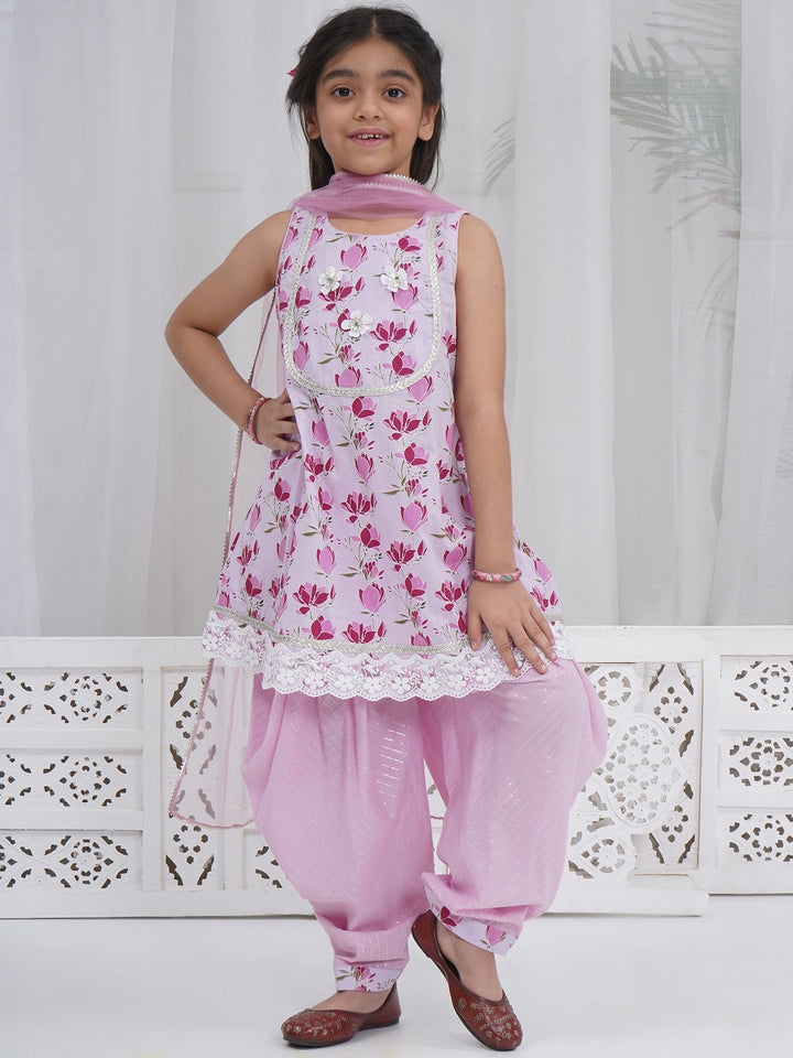 Girls Lavender Cotton Lotus Lacework Kurta Salwar Set