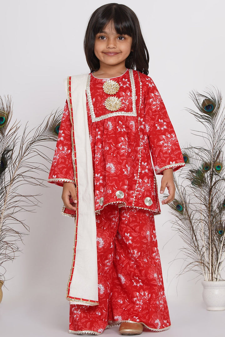 Girls Hand Gotawork Floral Kurta with Red Plazzo & White Dupatta  | SHOBITAM