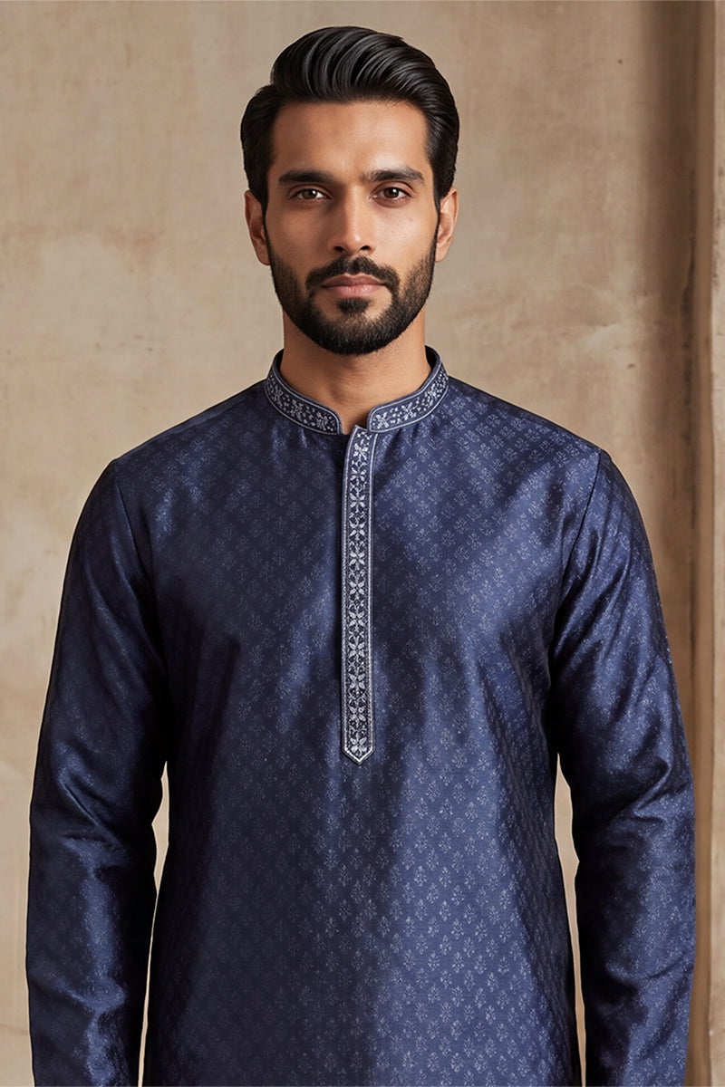 Mens Blue Jacquard Woven Design Straight Kurta With Trouser | SHOBITAM