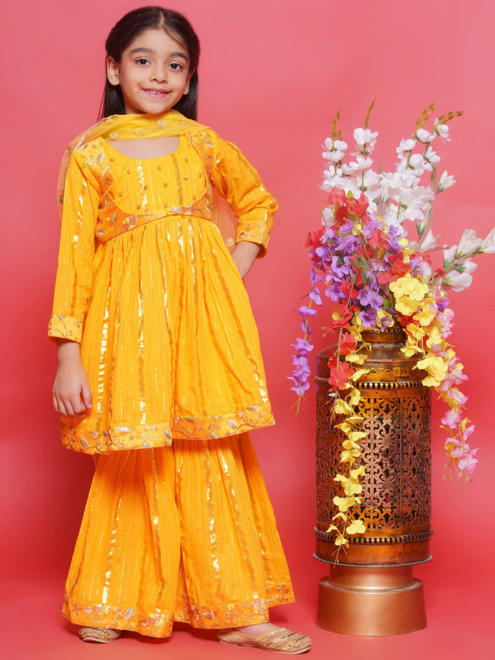 Cotton Three Fourth Sleeves Floral Embroidery Kurta Sharara with Jacket and Dupatta - Haldi Yellow | SHOBITAM