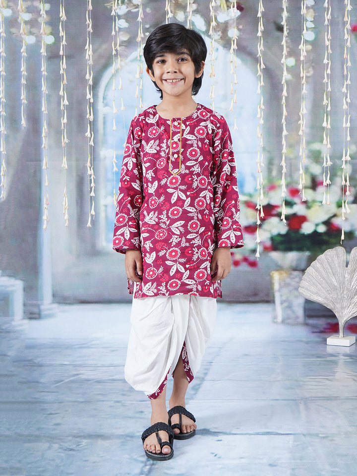 Boys Cotton Full Sleeves Kurta Dhoti with Floral Print and Pearl Buttons - Mahroon and Cream  | SHOBITAM