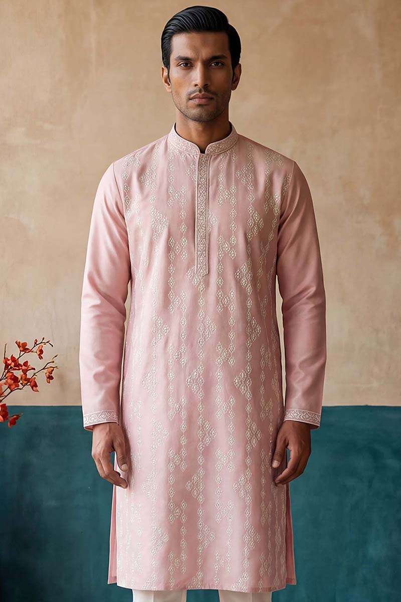 Mens Pink Silk Blend Solid Embroidered Kurta With Trousers | SHOBITAM