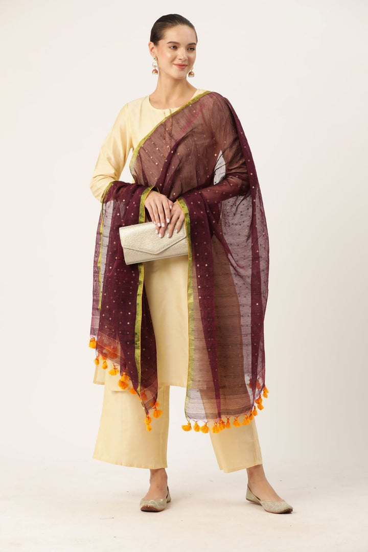 Purple & Gold Sequins Silk Cotton Dupatta | SHOBITAM
