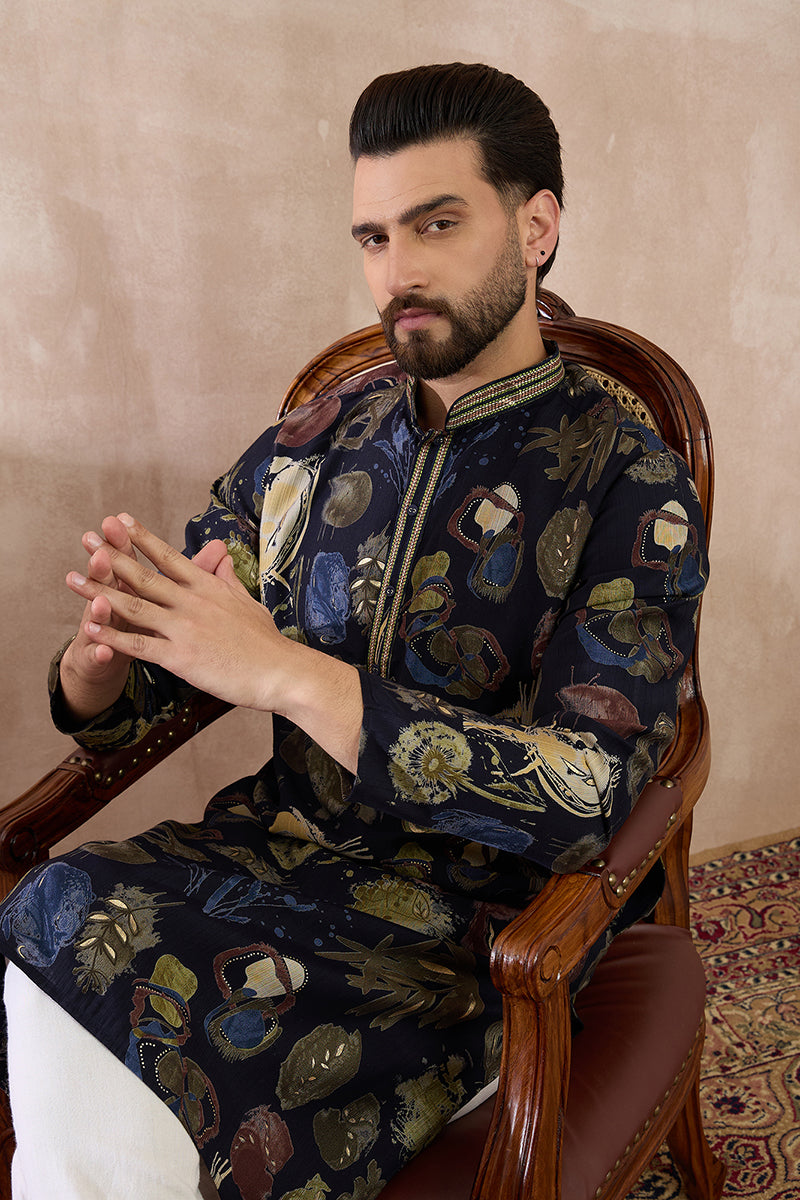 Navy Blue Silk Blend Printed Mandarin Collar Straight Kurta For Men | SHOBITAM