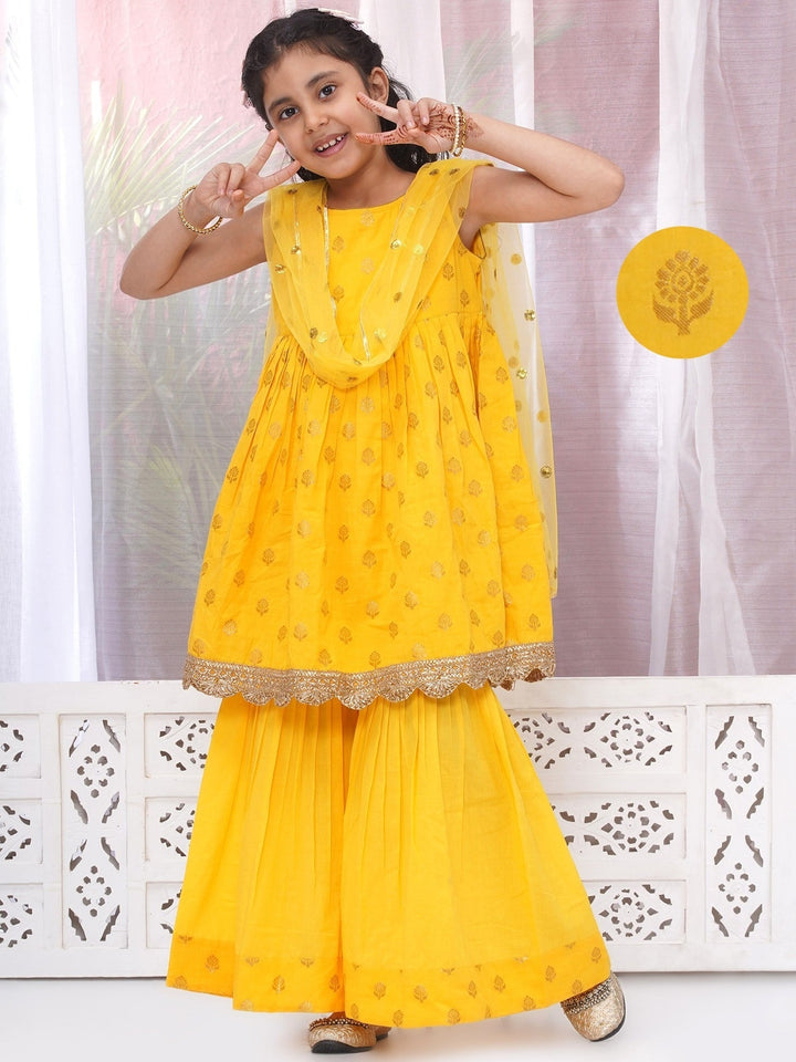Girls Cotton Sleeveless Kurta Frock with Sharara and Dupatta with Golden Floral Zari Work - Haldi Yellow | SHOBITAM