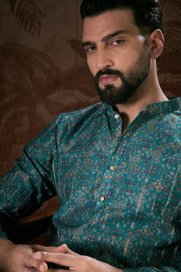 Blue Silk Blend Ethnic Motifs Printed Straight Kurta For Men | SHOBITAM