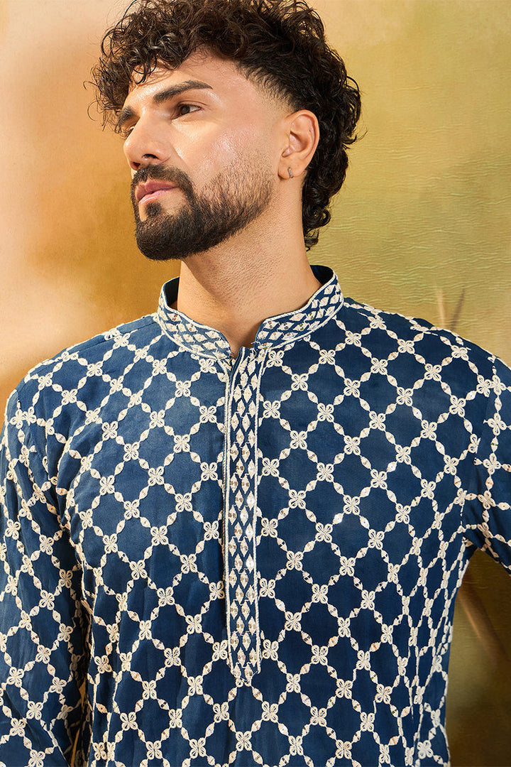 Blue Viscose Rayon Shibori Embroidered Straight Kurta | SHOBITAM