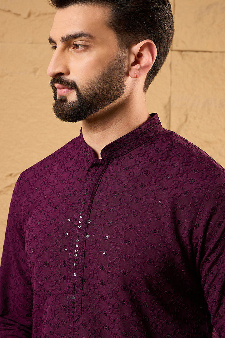 Purple Viscose Rayon Solid Embroidered Straight Kurta | SHOBITAM