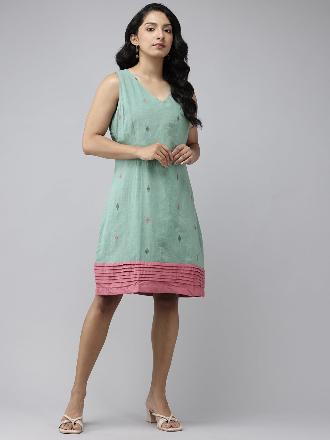 Sea Green Pink Cotton Handloom Dress | SHOBITAM
