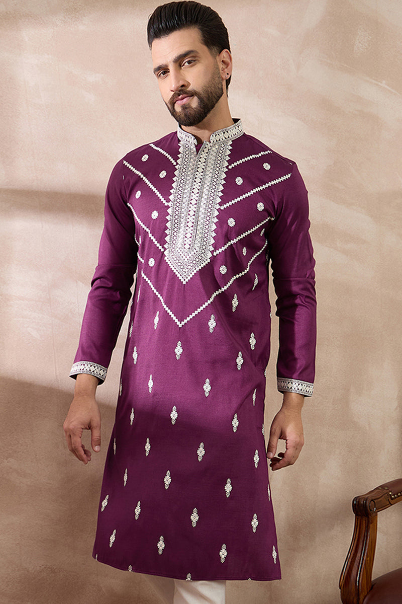 Purple Silk Embroidered Mandarin Collar Straight Kurta | SHOBITAM