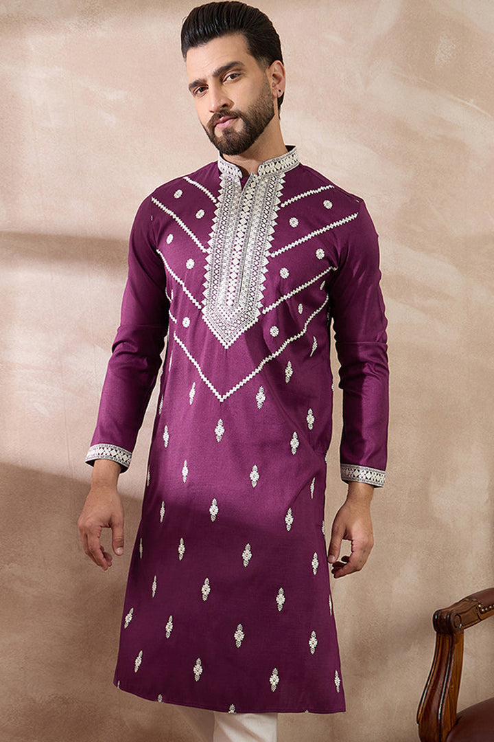 Purple Silk Embroidered Mandarin Collar Straight Kurta | SHOBITAM
