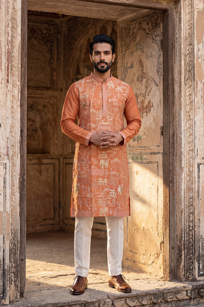 Peach Viscose Rayon Embroidered Straight Kurta | SHOBITAM