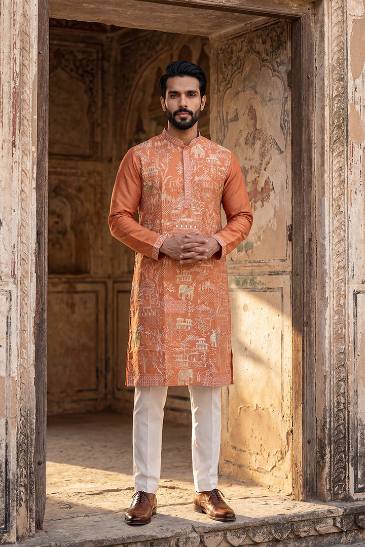 Peach Viscose Rayon Embroidered Straight Kurta | SHOBITAM