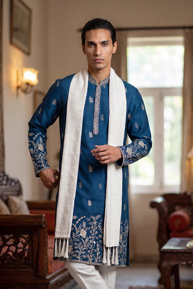 Men Blue Chanderi Silk Solid Embroidered Straight Kurta Trouser with Dupatta  | SHOBITAM