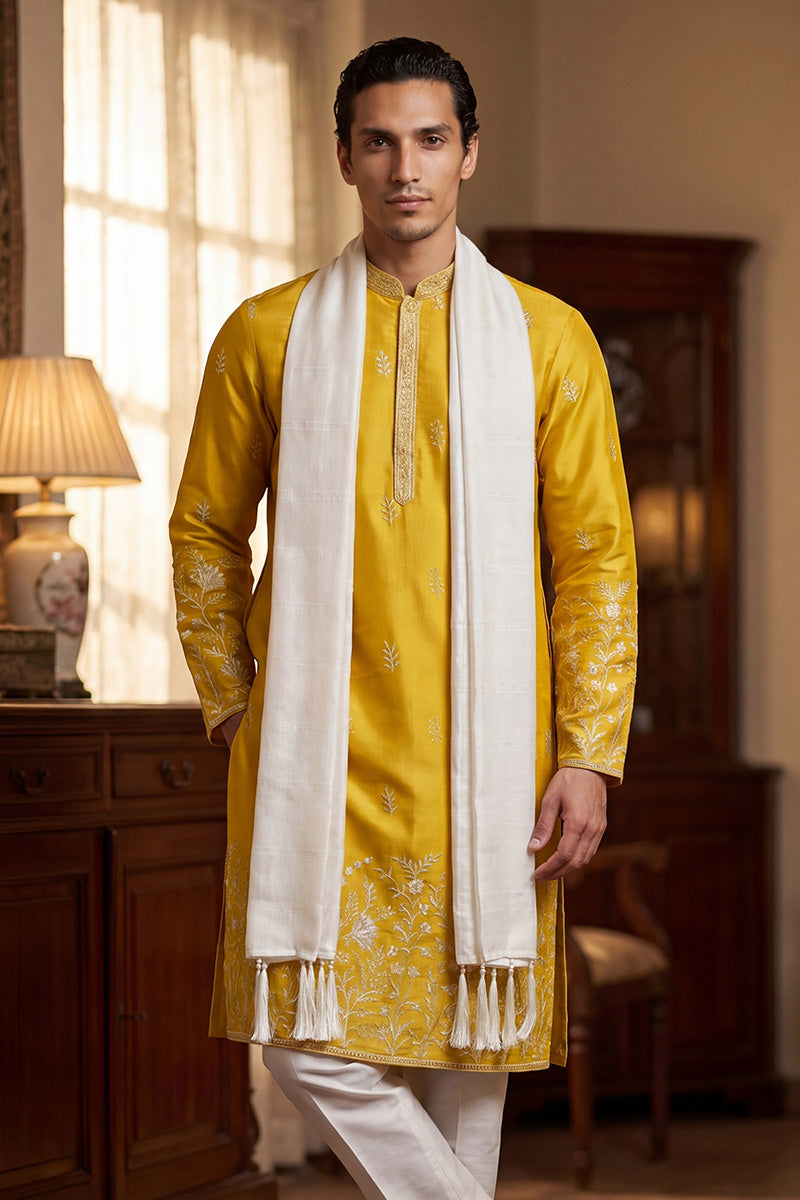 Men Yellow Chanderi Silk Solid Embroidered Straight Kurta Trouser with Dupatta | SHOBITAM