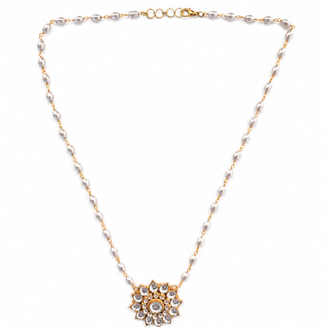 Pearl Beaded Chain Necklace with Kundan Star Flower Pendant | SHOBITAM