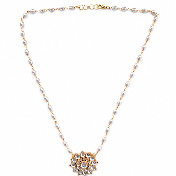 Pearl Beaded Chain Necklace with Kundan Star Flower Pendant | SHOBITAM