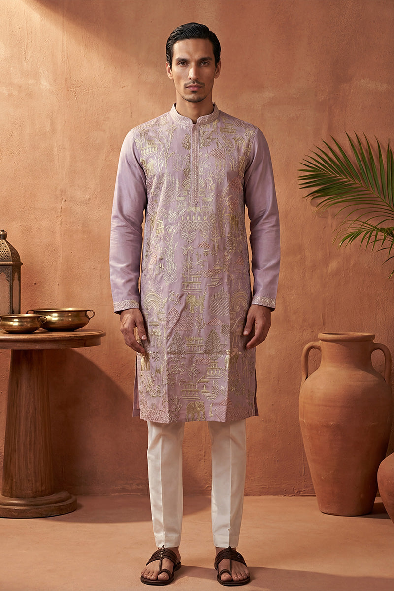 Lavender Silk Blend Embroidered Straight Kurta | SHOBITAM