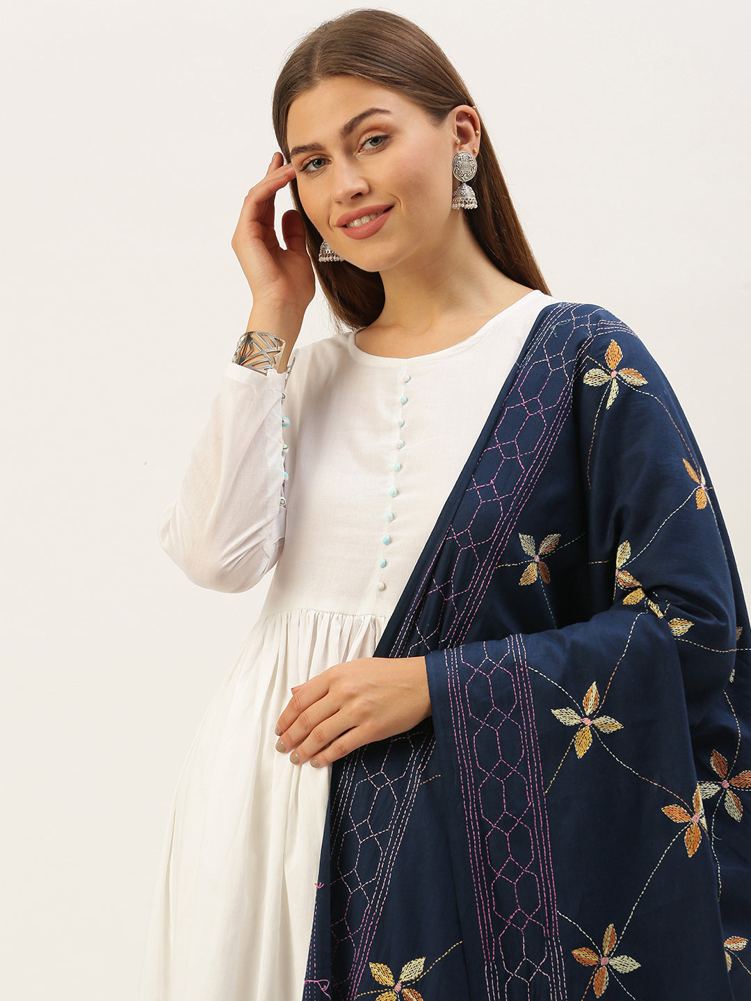 Navy Floral Kantha Cotton Dupatta | SHOBITAM