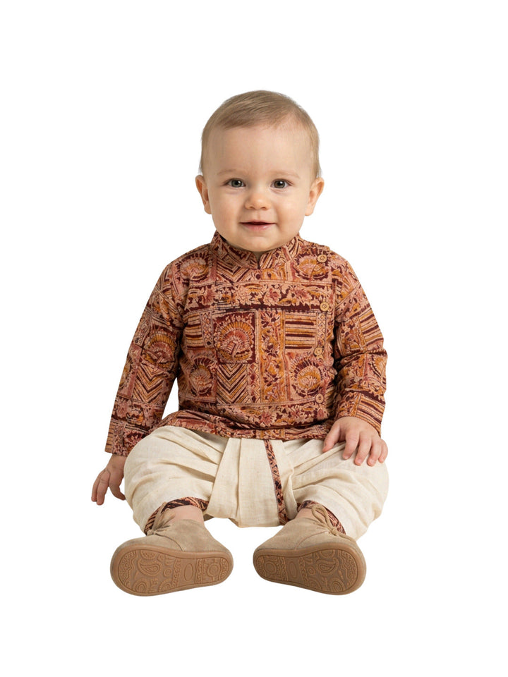 Boys Rust Brown Ethnic Printed Cotton Angrakha Style Dhoti Set | SHOBITAM