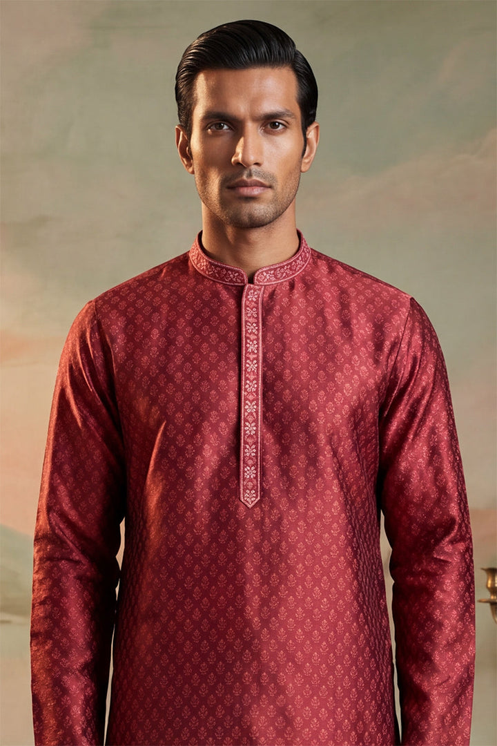 Mens Maroon Jacquard Woven Design Straight Kurta With Trouser | SHOBITAM