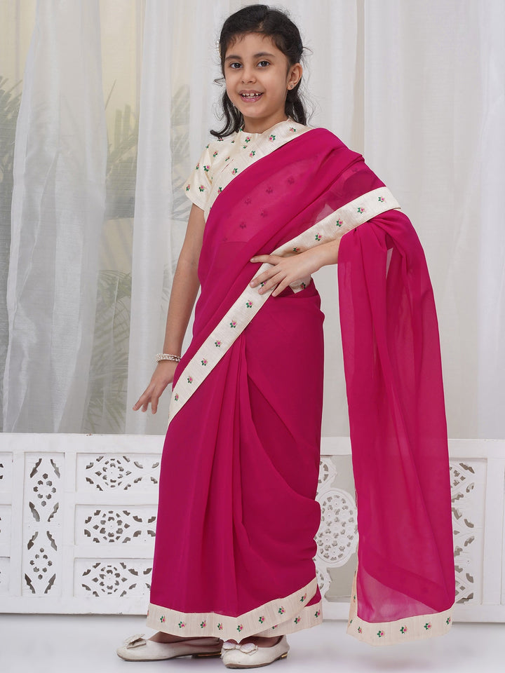 Girls Brocade Short Sleeves Sequin Floral Embroidery Ready to wear Blouse with Ready to wear Georgette Saree - Rani | SHOBITAM