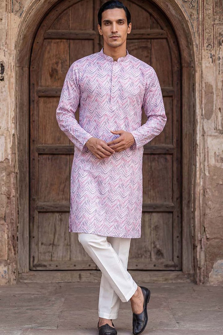 Lavender Linen Printed Straight Kurta With Trousers | SHOBITAM