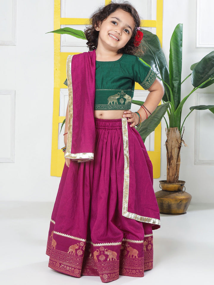 Grapevine Elephant Zari Embroidery Chanderi Cotton Lehenga with Stitched Green Blouse Set | SHOBITAM