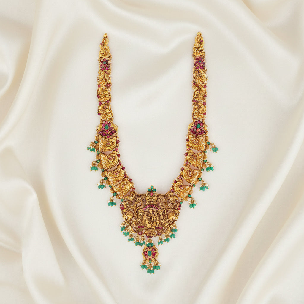 92.5 Silver, 24kt Gold Polish Swarnagaja Lakshmi Haaram  | SHOBITAM