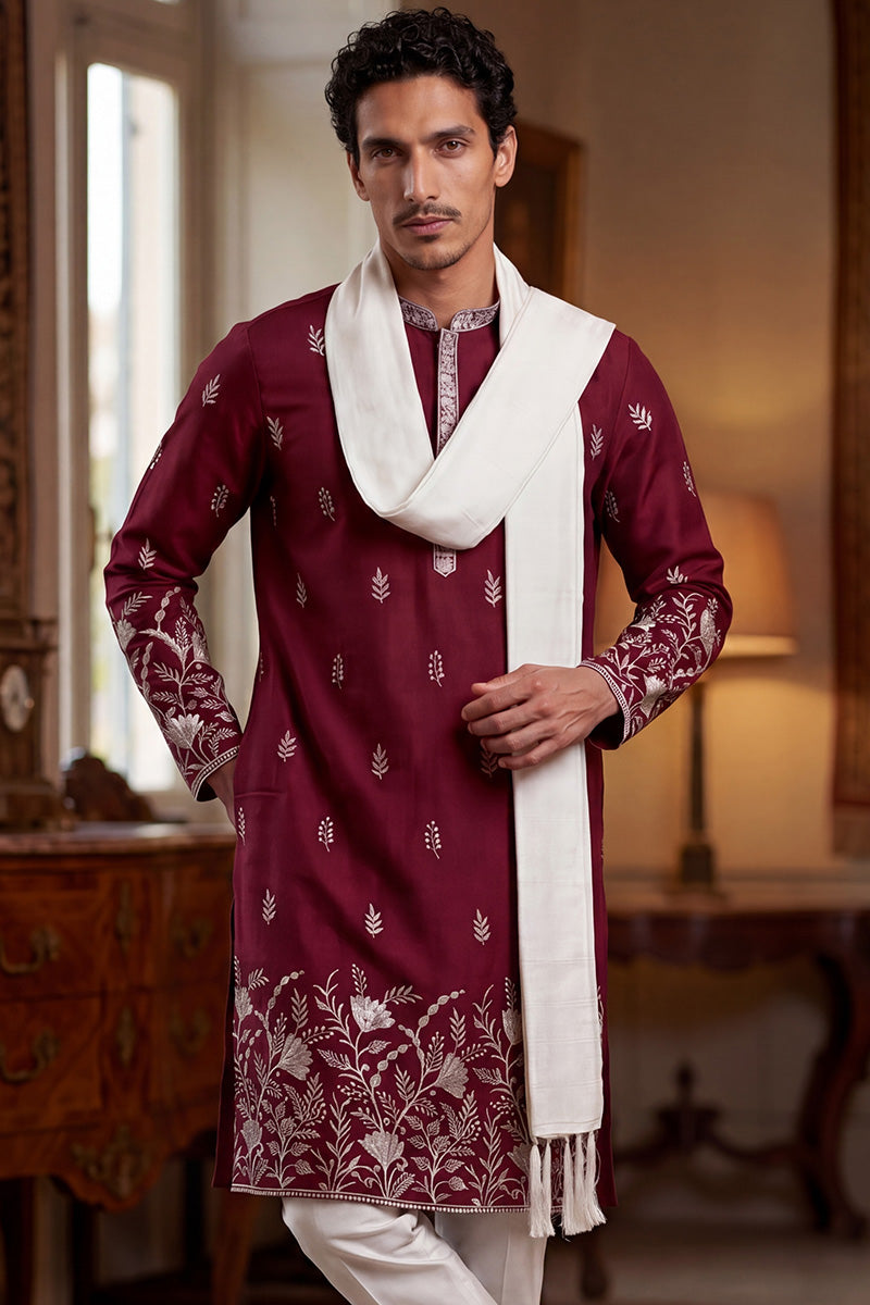 Men Maroon Silk Blend Solid Embroidered Straight Kurta Trouser with Dupatta | SHOBITAM