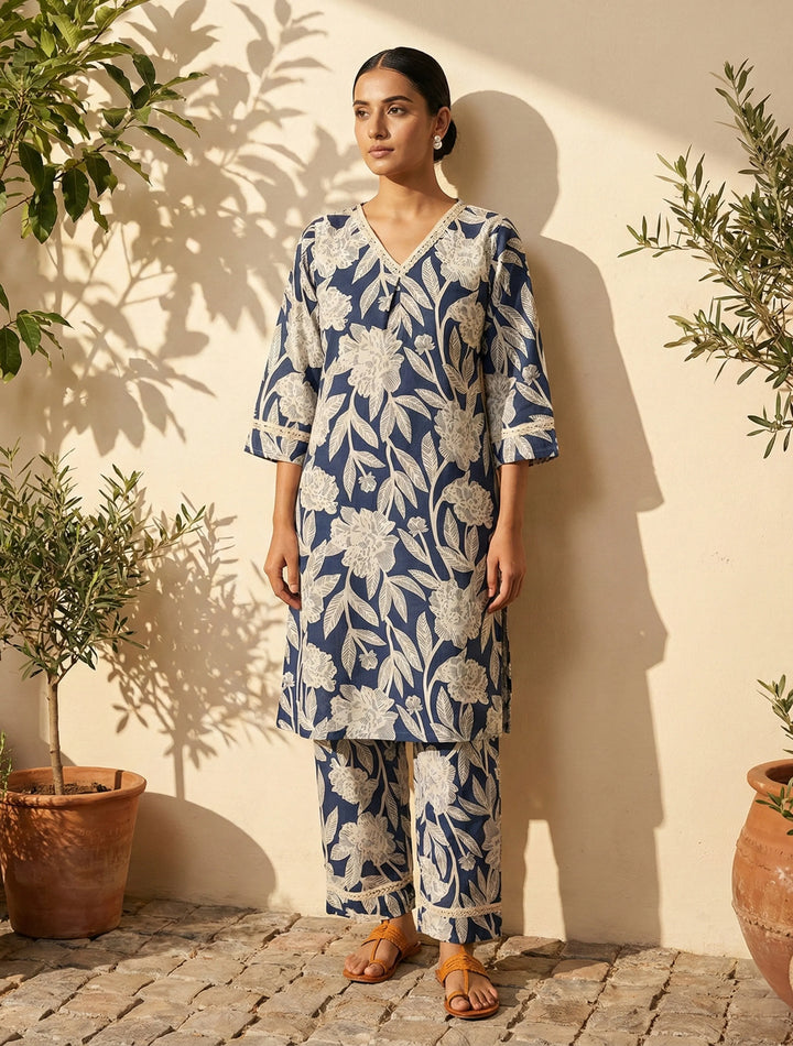 Navy Blue Floral Print Kurta Co-Ord Set | SHOBITAM