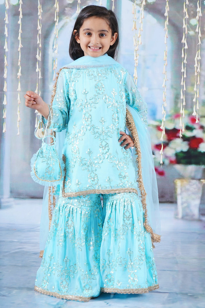 Girls Cotton Candy Blue Kurta with Irish Thread and Sequin work Embroidery with Sharara, Dupatta and Potli | SHOBITAM