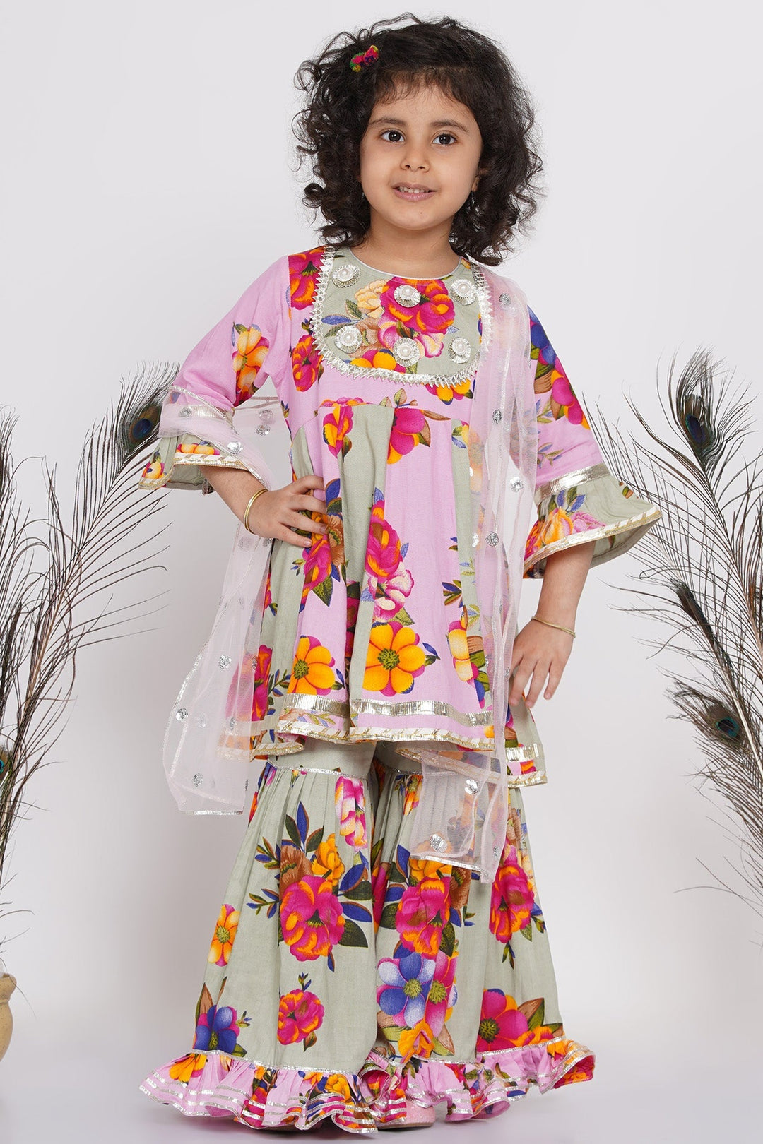 Girls Pearl Detailing Kali Frock Kurta with Sharara and Dupatta in Green & Pink | SHOBITAM