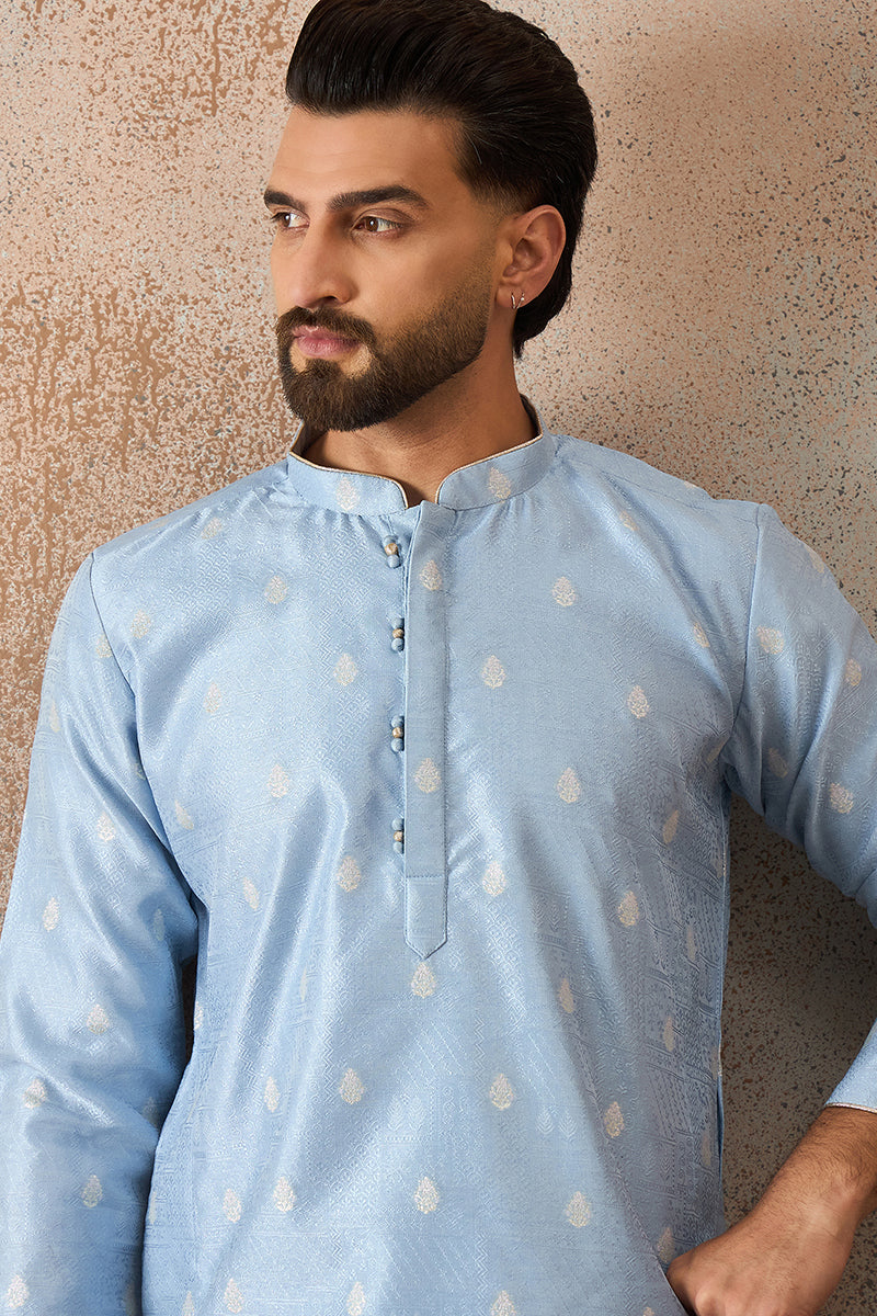 Mens Blue Silk Blend Floral Straight Kurta With Trouser | SHOBITAM