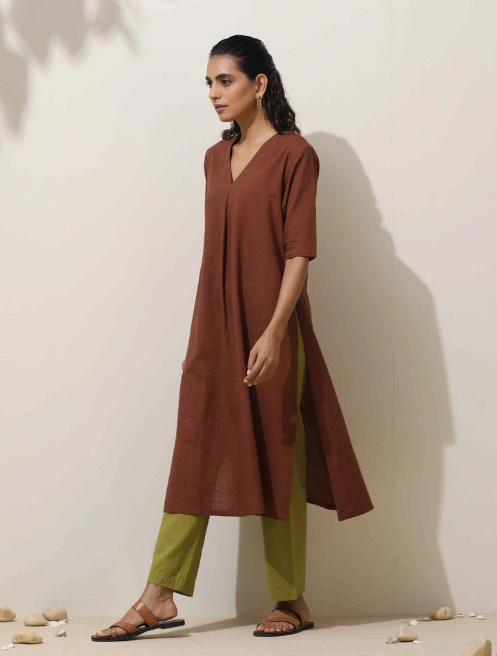 Brown Cotton Linen Kurta Pant Set | SHOBITAM
