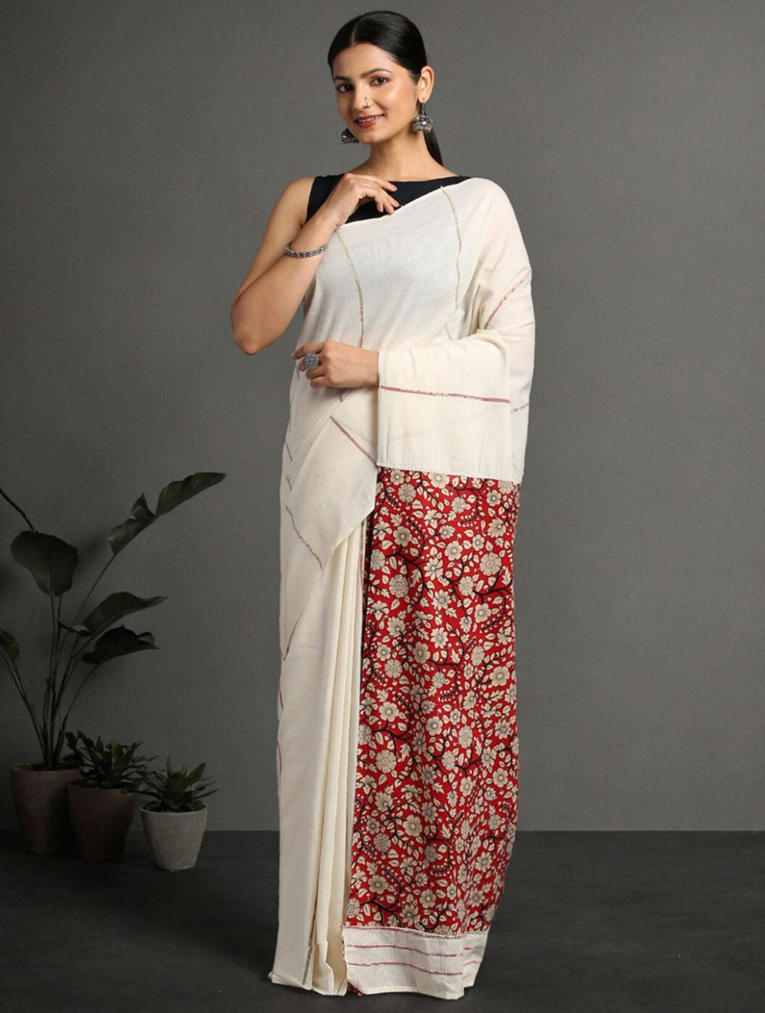 White Red Ajrak Print Khesh Cotton Saree with Blouse piece | SHOBITAM